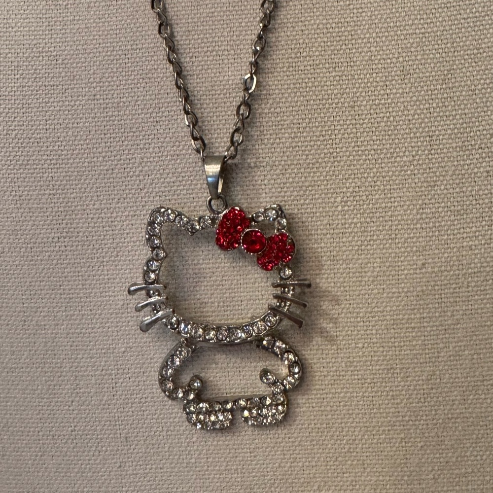 Large Rhinestone Hello Kitty Pendant Necklace with Red Rhinestone Bow - Picture 3 of 5